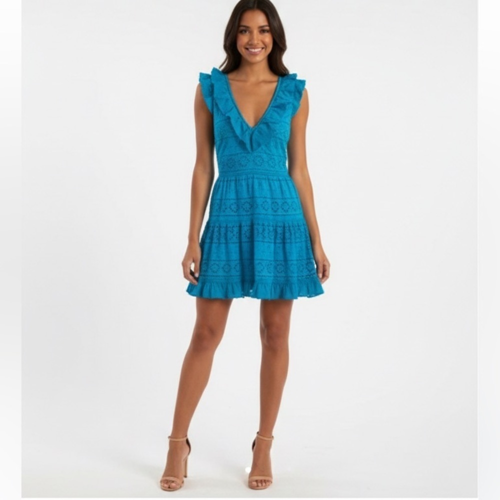 Alice+Olivia dress size 4Turquoise Blue Tiered Ruffled V-Neck Sundress - Picture 1 of 8